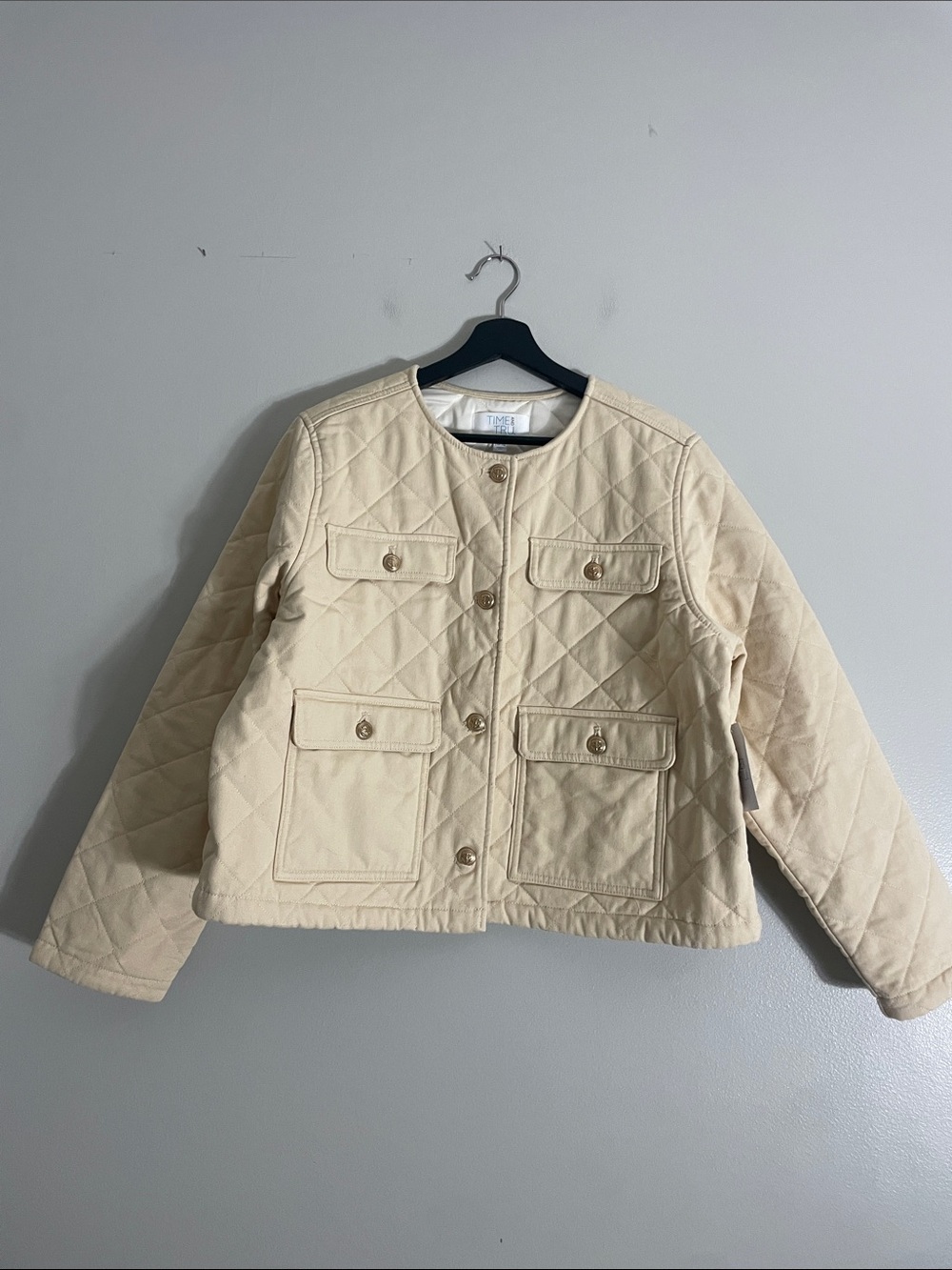 Time and Tru Cream Quilted Kids Puffer Jacket with Front Flap Pockets